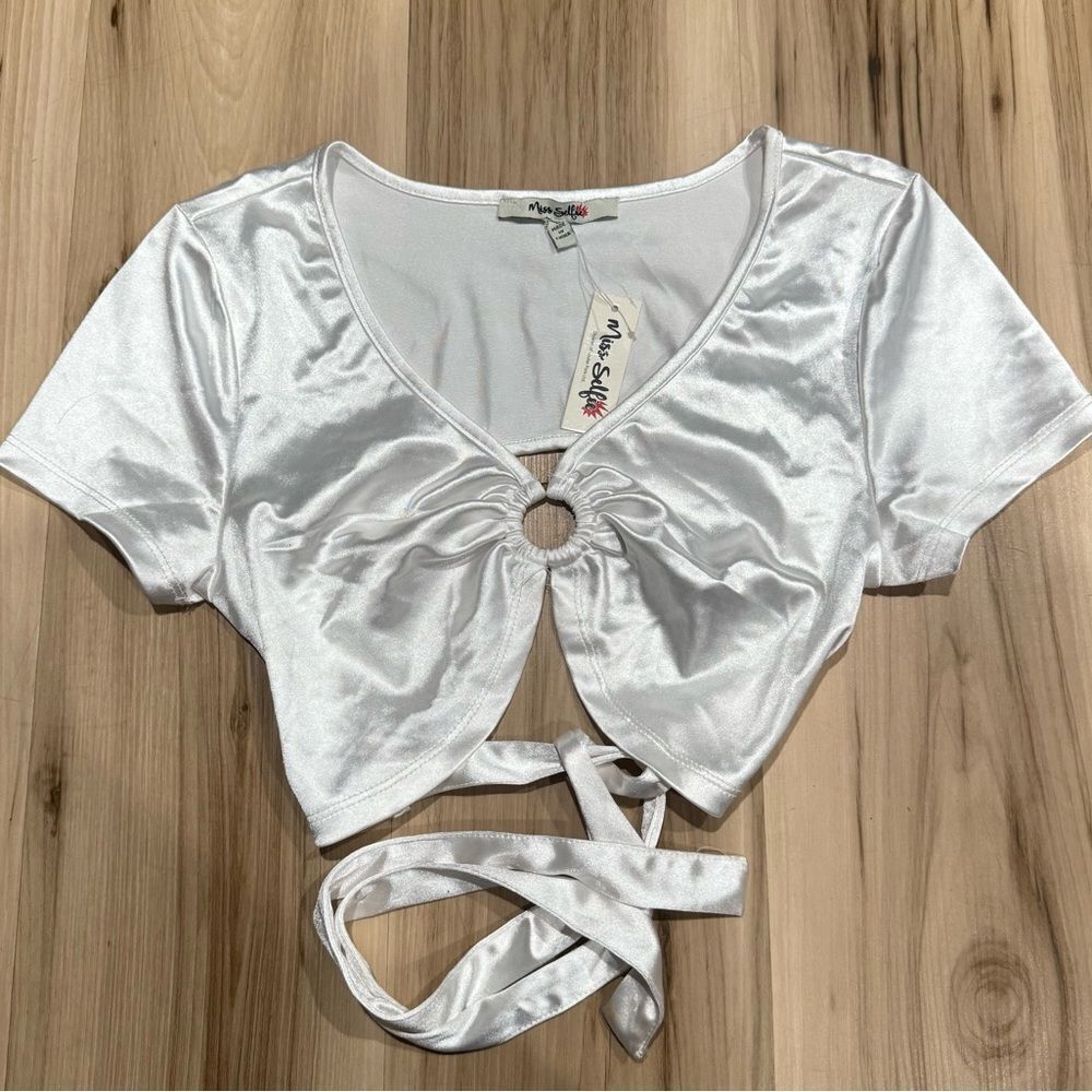 NEW Miss Selfie Y2K Satin White Tie Top Women’s Large